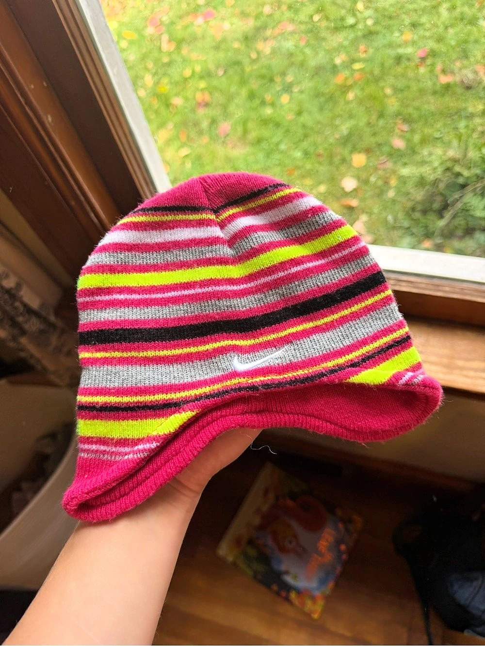 Nike Striped Ear Flap Hat in Pink & Gray